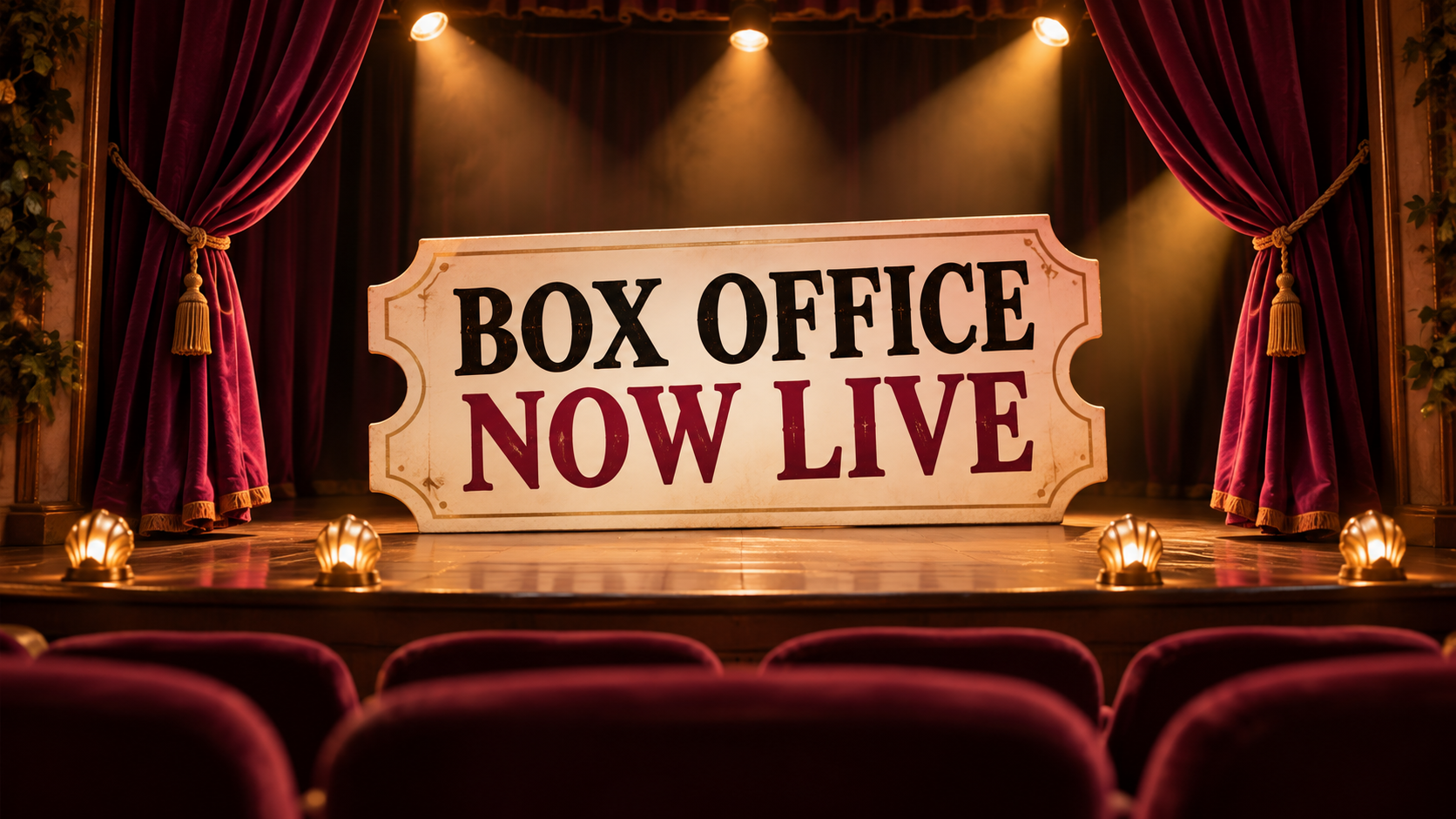 A theatre stage with deep red curtains pulled back, warm golden spotlights and a large ticket-shaped sign in the centre reading “Box Office Now Live”. Rows of red theatre seats are visible in the foreground.