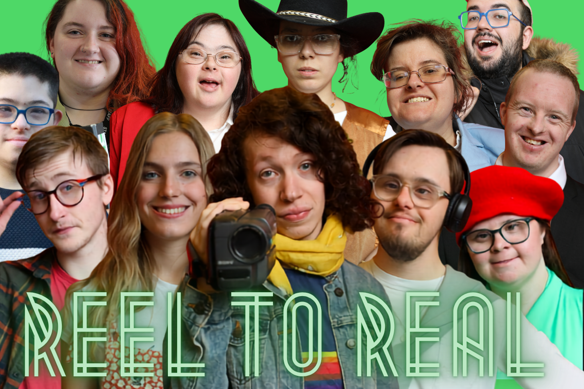 All of the cast (images decribed individually below) are grouped into one big cluster. The background and "Reel to Real" in the foreground is bright green.